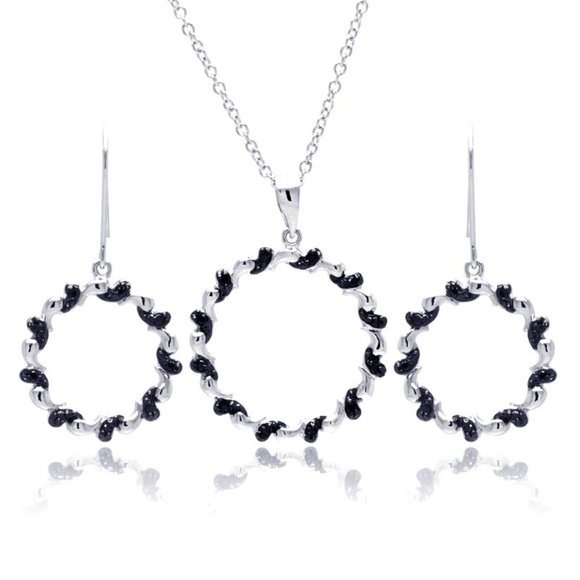 Silver 925 Open Spiral Circle Black CZ Hook Earring and Necklace Set